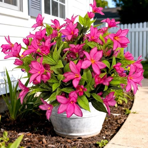 TSTWETO 4 Bundles Fake Azalea Artificial Flowers for Outdoors Fake Plants UV Resistant Spring Summer Decor, Realistic Artificial Faux Outdoor Plants Flowers for Planters Porch Garden Window Box