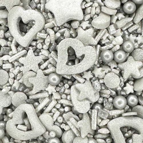 Sprinkletti - Silver - 100g Cake Topper Sprinkles - Shimmer Confetti, Hearts, Stars, Balls & Strands - Edible Cake Decorations - Birthday Cake Sprinkles