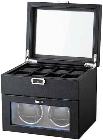 HEYOUTH Uhrenbeweger,Automatik Uhrenbeweger 2 Uhren,Uhrendreher,Watch Winder Leder,mit LED-Licht unb Sicherheitsschloss,Bis zu 10 Uhren,mit Doppelkissen in verschiedenen Größen und USB-Netzkabel