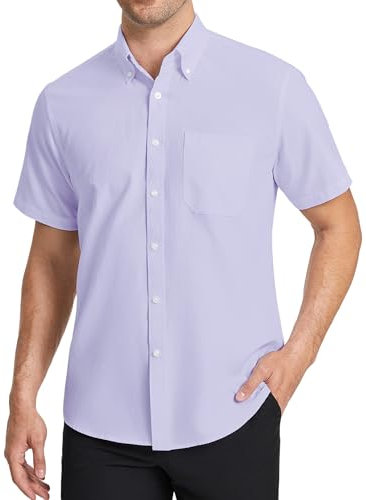 HISDERN Men's Oxford Shirts Short Sleeve Lilac Formal Regular Fit Shirt for Men Summer Office Button Down with Pocket, 2XL