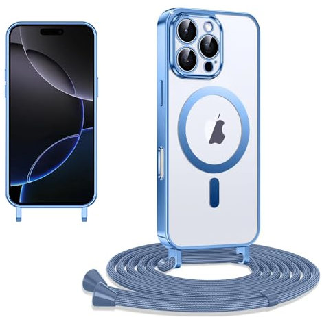 CaseLover Magnetische Handyband kompatibel iPhone 13 Pro Hülle mit Band, Klare Silikon Necklace Handyhülle mit Kordel zum Umhängen Stossfest Kameraschutz Bumper Schutzhülle für iPhone 13 Pro, Blau