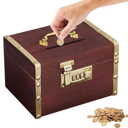 Hucha de madera con cerradura de combinación, cofre del tesoro de madera vintage con cerradura, hucha de madera, para cumpleaños infantiles, cofre del tesoro con cerradura de combinación para niños y