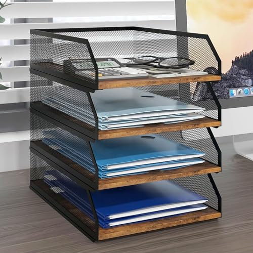 PUNCIA 4-Tier Stackable Paper Tray, Metal Mesh Desktop Organizer, Wood Board Paper Sorter, Letter Trays,File Document Storage Rack for for Home, Office, School (Retro)