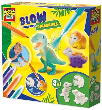 SES Creative 14295 Blow Airbrush Pens - Dinosaurs 3x - Creative Craft Kit for Kids Aged 5+ - Decorate T-Rex, Stegosaurus, and Triceratops with 4 Airbrush Markers