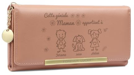 Porte-Monnaie Femme Cadeau Personnalisé - Portefeuille en Cuir PU avec Nom à Graver, Nombreux Compartiments, Idéal pour Anniversaire, Fête des Mères, Noël, Cadeau Maman Original (Famille de 3)