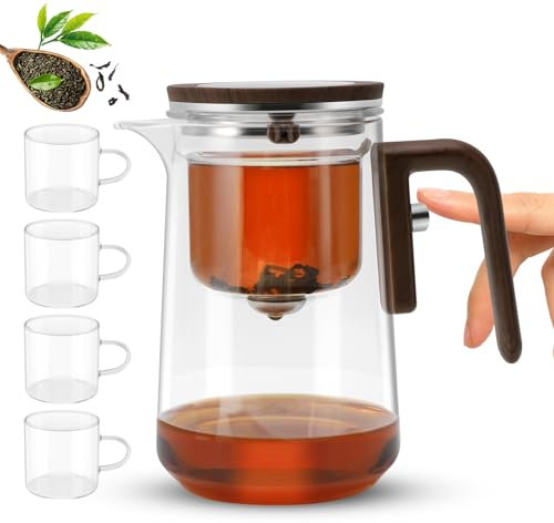Juego de tetera de cristal mágico, tetera dividida con tazas de té, tetera con relleno de agua y colador, tetera de vidrio mágico prensado para bienestar y té de la tarde (800 ml con tazas de té