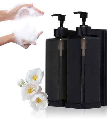 2 Pcs Distributeur de Savon Mural, 500ml Distributeurs de Shampoing Noir, Distributeur de Savon en Plastique Rechargeable, No Perçage, Design D'Ouverture de Clé, pour Bain, Cuisine, HôTel