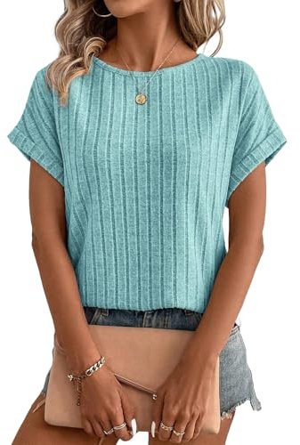 Gemulate Womens Plus Size Summer Tops Long Crewneck Tunic Ladies Knitted Blouse Lightweight Shirts Autumn Winter Sweater Blue XXL
