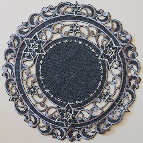 matches21 HOME & HOBBY Tischdeckchen Selina Ø 30 cm Grau Lochstickerei Silber Sterne rundes Deckchen Weihnachten Polyester