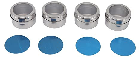 Jwthee 4 x Magnetic Spice Jars for the Fridge, Small Travel Magnet, Spice Jars, Containers, Stainless Steel, Small Tin Containers with Clear Sift, Gutter Lids for Spice
