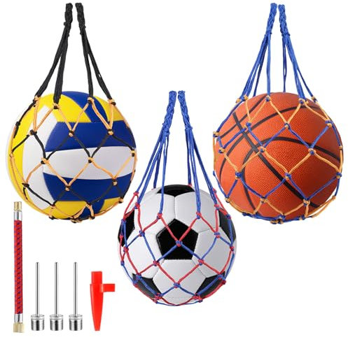 3pcs Basketball Net Bags, Large Portable Nylon Football Net Bags, Ball Storage Mesh Bag for Sports Volleyball Soccer Baseball Football Storage Bag,with 3 Iron Needles, 1 x Pump, 1 x Inflation Nozzle