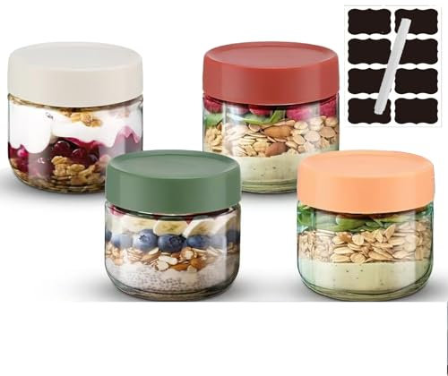 Habwah 4 Pack Overnight Oats jars with Lids, Reusable Glass Overnight Oats Container with Measurement Marks, Breakfast Pots (300 ml)