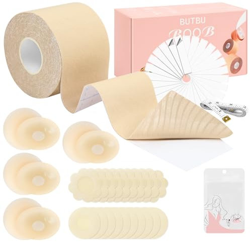 BUTBU Klebe BH Push Up, Boob Tape& Body Tape, Brust Tape Für Grosse Brüste, Mit 4 Paar Silikon Brüste Nippelpads, 10 Paar Boobietape und 36 Fashion Tape, Klebe-BHS für Abendkleider, Hochzeitskleid