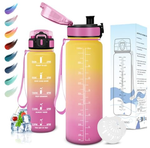 Motswedi Botella Agua, 1L sin BPA, Botella de Agua, Reutilizable, Cantimplora, con Marcador de Tiempo, Botella Agua Gimnasio, Botella para Niños, Deporte, Running, Gimnasio, Bicicleta, Amarillo Rosa