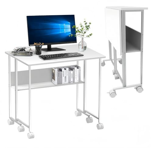 AUFFOKUS Kleiner Schreibtisch Klappbar, Klapptisch Mini Klappbarer Computertisch mit Rollen Arbeitstisch Küchentisch Klappbar Nähtisch für Bett,Sofa und Home Office (Weiß, Mit Bücherregal)