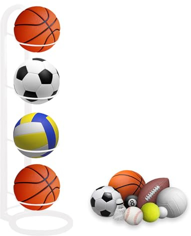 NUWIQ Ball Storage Rack, 4 Tier Football Stand,Ball Storage Rack, Vertical, Ball Stand, for Storage of Basketballs, Footballs, Volleyballs, White
