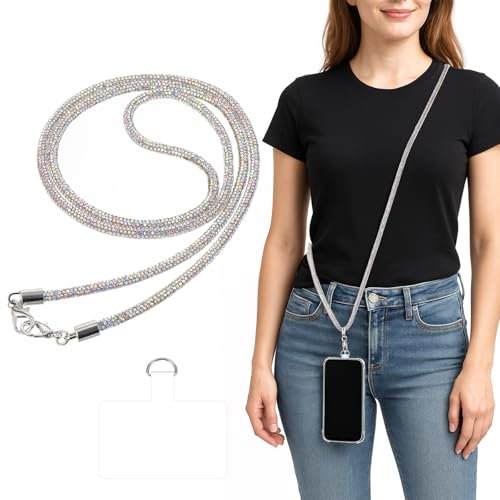 Ajcotahm Crossbody Phone Lanyard, Universal Phone Chain Anti-Theft Crossbody Strap Water Diamond Neck Holder Phones Chain for Most Mobile Phones and Bags(Silver)