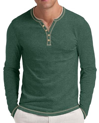 NITAGUT Henley Shirts for Men Long Sleeve Casual Soft T-Shirts Classic Washed Soft Breathable Button Up Tops,Dark Green,XL