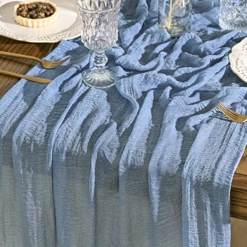 Artoid Mode Boho Käsetuch Gaze Rauchblau Hochzeit Tischläufer 80x300 cm, Waschbar Tisch Dekoration Party Geburtstag Valentinstag Babyparty Dekor