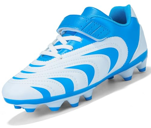 Unitysow Botas de Fútbol Niño Zapatillas Futbol Tacos Adolescentes Profesional Deporte Césped Zapatos de Entrenamiento Calzado Futbol Multitacos,Blanco Azul,31 EU
