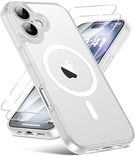 FLLAO Magnetic for iPhone 16 Case with 2 HD Screen Protector, White | 2 Tempered Glass, Full Camera Protection, Military-Grade Shockproof, Slim Translucent Matte Hard Back Bumper Phone Cover