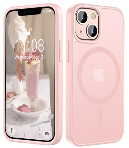 HGH Magnetisch Hülle für iPhone 13 Mini, Kompatibel mit MagSafe, Rosa | Transluzente Matt Rückseite Dünn Stoßfest Handyhülle für iPhone 13 Mini