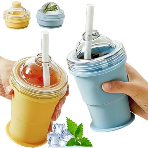 2-in-1 Collapsible Silicone Ice Ball Maker Cup, Reusable Portable Ice Sphere Mold with Leakproof Lid and Straw, Foldable Travel Tumbler for Iced Coffee, Juice, Gym, Camping and Outdoor Use (2Pcs)