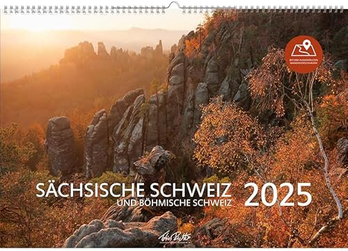 Sächsische Schweiz Kalender 2025 mit 3 Wandervorschlägen Wandkalender (50 x 34 CM, Größer als A3) Kalender Sächsische Schweiz 2025 Landschaft Touren