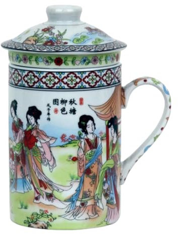 Keramik Teetasse mit Deckel + Sieb für Losen Tee mit Asiatischem Motiv (Grüne Wiese, 137) Japanische Chinesische Tasse Für Teeliebhaber, Porzellan Kaffee Geschenk Set Asien Asia Becher Haferl