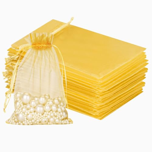 jijAcraft Groß Organzasäckchen 13 × 18CM, Gold Organza Beutel, 100 Stück Organzasäckchen Geschenk, Organza Schmuckbeutel mit Kordelzug für Süßigkeiten, Geschenk