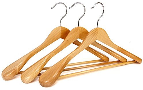 logei® 6 Stück Kleiderbügel aus Holz mit rutschfestem Hosensteg Naturqualität (6 Stück Kleiderbügel mit Breiten Schulterkanten)