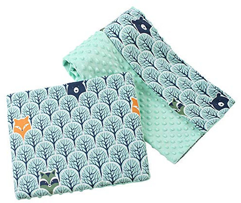 Medi Partners Babydecke Krabbeldecke mit Kissen 100% Baumwolle Minky Kinderdecke groß zweiseitig 75x100 + 35x30cm multifunktional für Bett Kinderwagen (Wald mit minzer Minky)