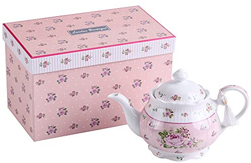 London Boutique Juego de tetera de porcelana, azucarero y jarra de leche crema, estilo Shabby Chic Vintage Floral en caja de regalo (tetera rosa rosa)
