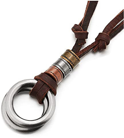 COOLSTEELANDBEYOND Style Rétro, Doubles Ouvert Cercle Perle Charmes Pendentif Collier Homme Femme - Cordon en Brun Cuir Réglable