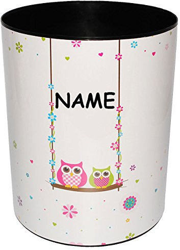 alles-meine.de GmbH Papierkorb/Behälter - Eulen auf Schaukel - incl. Name - aus Kunststoff - Mülleimer/Eimer - Aufbewahrungsbox für Kinder - Mädchen & Jungen - Abfalleime..