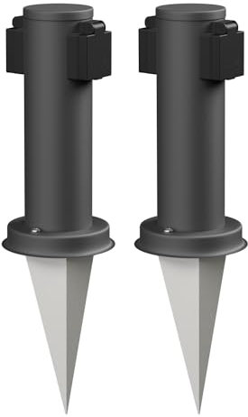 ledscom.de 2 Bases de Enchufe de jardín PORU con piqueta de Suelo para Exteriores, 2 Polos, Acero Inoxidable, Antracita, Redonda, 27cm