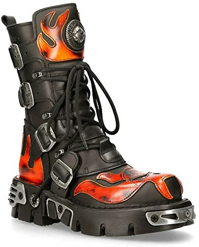 Stivali Unisex al Polpaccio New Rock 107-S1 in Pelle Nera e Rossa Metallizzata Punk Gotico con Teschio 8