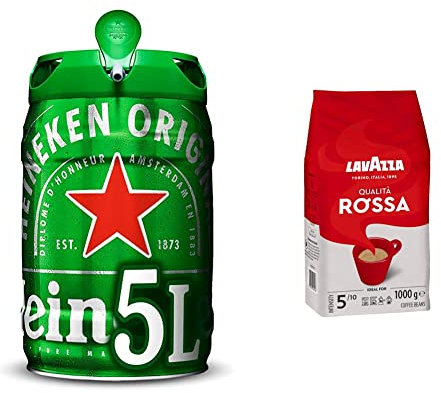 Heineken Cerveza Lager Barril Pack, 2 x 5L + Lavazza Café en Grano Espresso Qualità Rossa, Paquete de 1 Kg