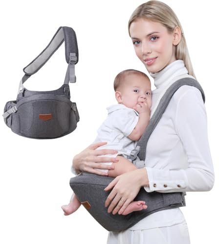 Ergonomische Babytrage, SUNVENO Baby Hüftsitzträger, Baby Hüftsitz mit verstellbarem Gurt und Tasche, Baby Hüfthocker Praktische Baby Vordertrage für 0-20 kg Baby (Grau(Schultergurte))