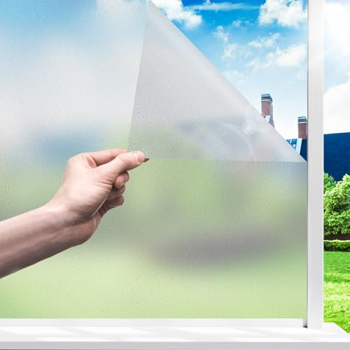 Funfox Frosted Window Film Privacy Opaque Vinyl Sticker 44.5x300cm, Matt Glass Film Static Cling for Bathroom Door & Office, Non-Adhesive UV Protection, Pure Frost