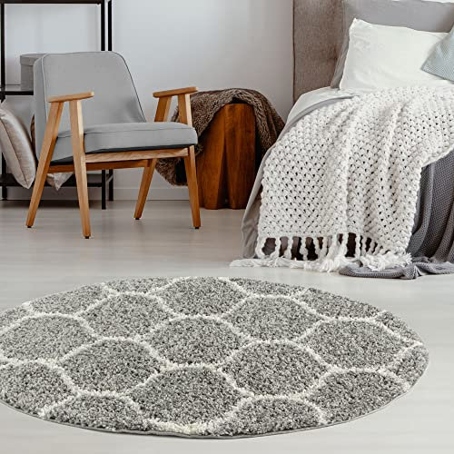 THE RUGS Shaggy Rug – Modern Moroccan Design Rugs for Living Room, Bedroom, Hallway, 3 cm Thick Area Rugs, (Trellis Grey/Ivory, 120cm Round)