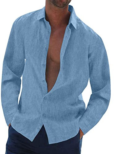 Halfword Long-Sleeve Linen Shirts Men Casual Beach Shirts Cotton Button Down Summer Holiday Wedding Tops Blue XXL