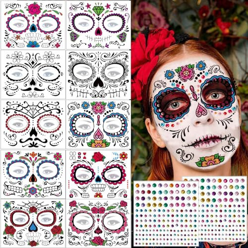 12 Blatt Halloween Gesicht Tattoos, Tag der Toten Totenkopf Skelett Spinne Skull Rote Rosen Temporäre Tattoo Aufkleber für Männer Damen Halloween Gruselparty Mottoparty Maskerade Kostüm Accessoires