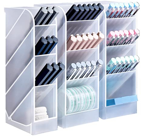 Cevvako Pen Organiser for Desk, Translucent Slanted Pen Storage Holder (7.5cm and 5 cm) - 3 Pcs Storage Organisers for Office, School, Home