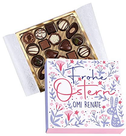 Herz & Heim® Lindt Pralinen (100g) als Geschenk zu Ostern, farbenfrohes Motiv mit gezeichneten Blumen, mit Wunschname bedruckt