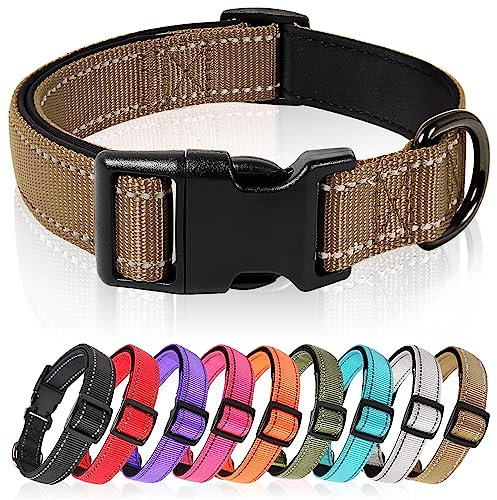 HEELE Hundehalsband, Hundehalsband aus Nylon, Reflektierend Halsband Hund mit Weich Neopren Gepolstert für Welpen Kleine Mittel Große Hunde Läng Einstellbereich 26-38cm, Braun, S