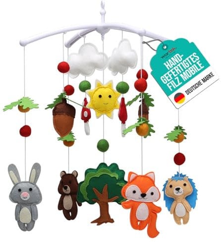 wortek Mobile Baby Mobile Babybett Mobile Wickeltisch - mit Waldtieren aus Filz - Baby Mobile für Bett Baby Windspiel zum Aufhängen - Babymobile Bettglocke Babyzimmer Deko Junge und Mädchen
