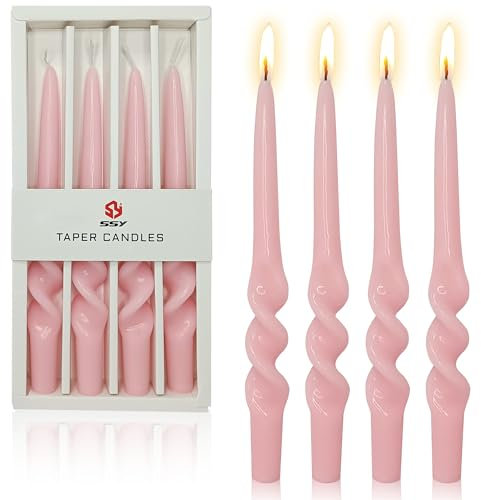 Gedengni Kerzenständer, spiralförmige Spitzkerzen, Set mit 4 rosafarbenen Kerzenständern, langen Spitzkerzen, gedrehte Kerzen für Heimdekoration, Hochzeiten, Urlaubsgeschenke (3D4PC-PINK)