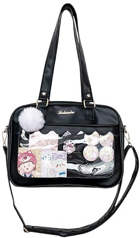 Ita Bag Umhängetasche, Kawaii, niedliches Design, Messenger, japanische transparente Schultertaschen, Schwarz + Fellball