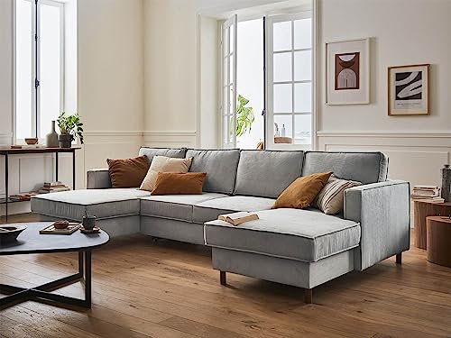 Lisa Design Jake – Wohnlandschaft U-Form – 7-Sitzer – mit Schlaffunktion und Bettkasten – aus Cord Hellgrau